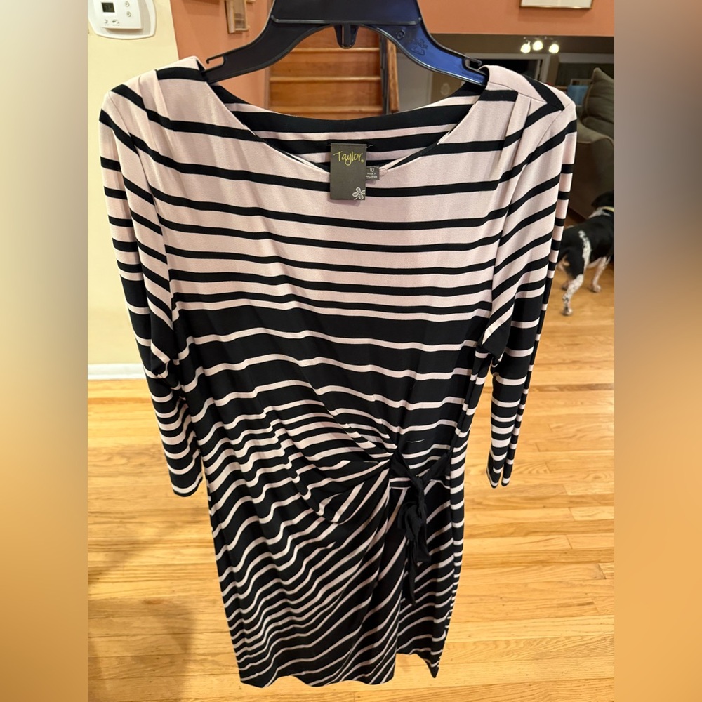 Taylor Black & Blush Pink Striped Twist Front Dress Size 10